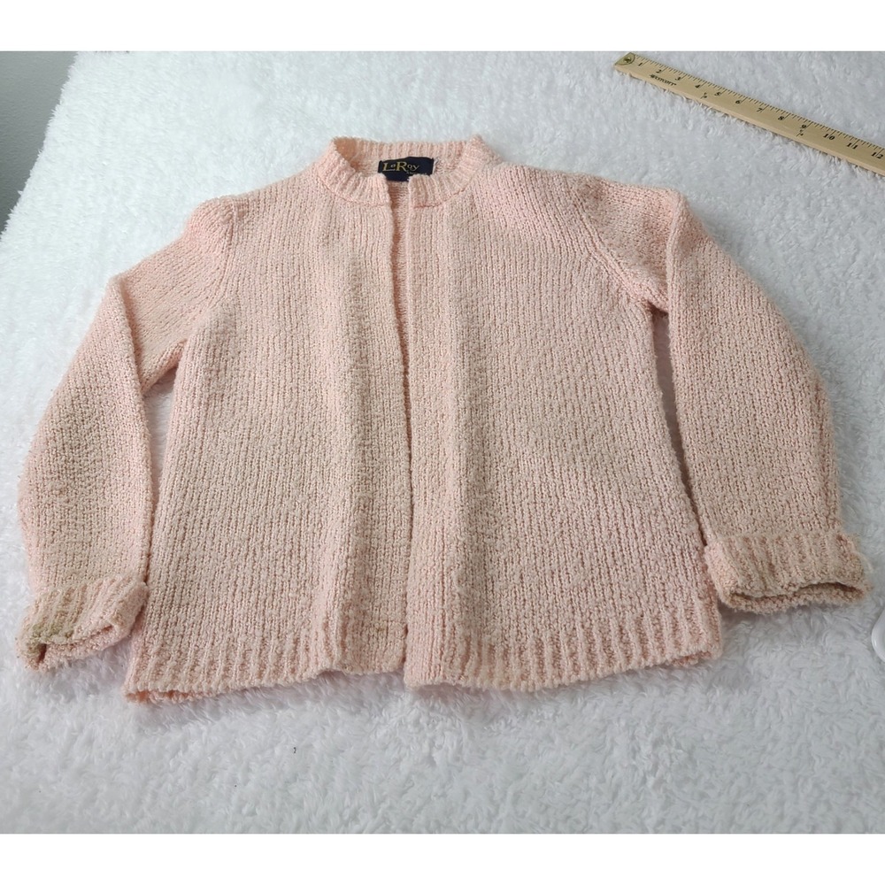 Vintage LeRoy Knitwear Pink Cardigan Sweater Womens XS S Petite Chunky Knit